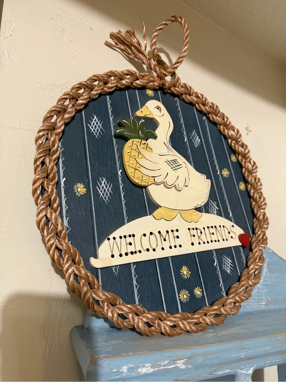 Welcome Friends Duck Wall Plaque - Navy, Cream, Yellow